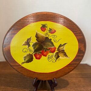 Hand Painted Strawberry Wood Wall Plaque Signed Folk Art Country Decor 11x9